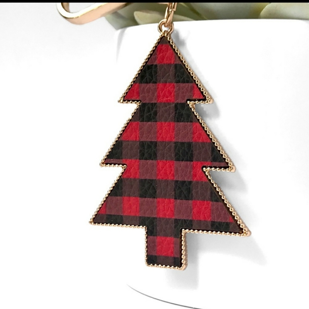 🎄SALE!!Buffalo Plaid Red Black Tree Keychain Gold Tone Holiday Stocking Stuffer